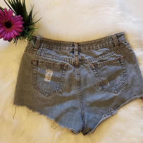 Jean Denim Button Distressed High Waist Rise Short - Picture 2 of 7